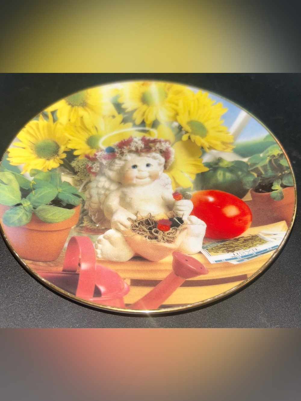Collectors  Plate with Garden Cherub and Sunflowers